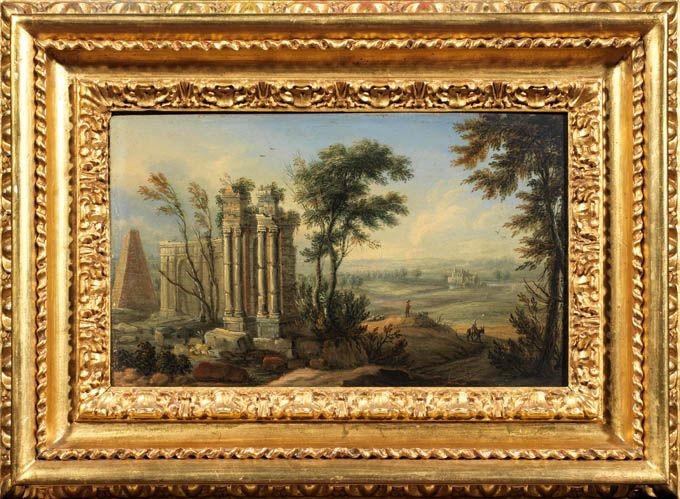 Scuola Romana del XVIII Secolo - «paesaggio con Rovine di Tempio» e «paesaggio con Rovine e Piram...
