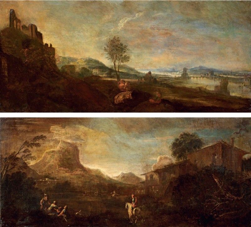 Scuola Veneta Fine XVII Secolo - «paesaggio Montuoso con Cavalieri» e «paesaggio Fluviale con Cit...