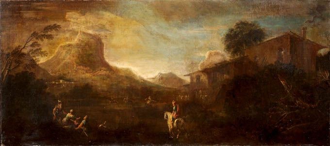Scuola Veneta Fine XVII Secolo - «paesaggio Montuoso con Cavalieri» e «paesaggio Fluviale con Cit...