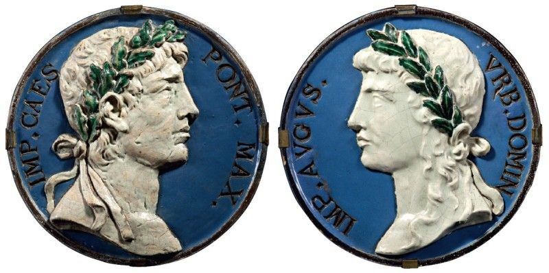 Coppia di Tondini in Terracotta Invetriata Bianco, Blu e Verde