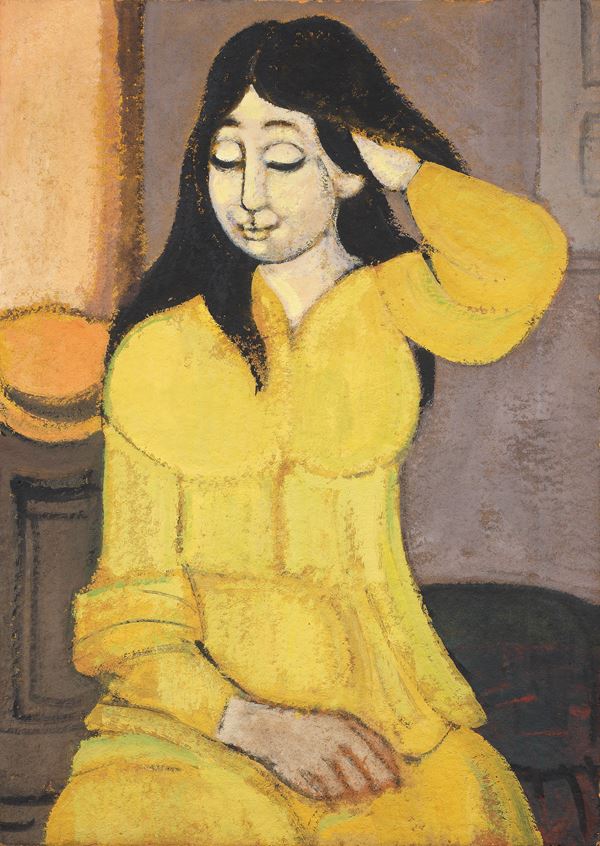 Domenico Cantatore : Figura femminile  (1958-59)  - Olio su cartone pressato - Auction MODERN ART - II - Casa d'aste Farsettiarte