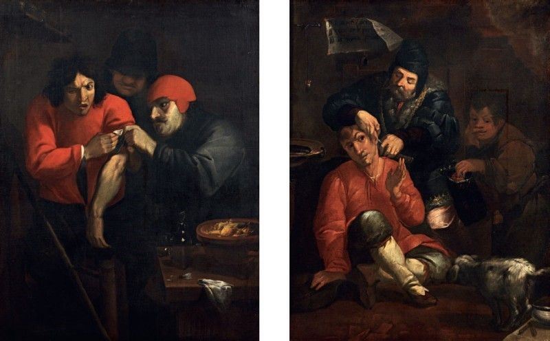 Scuola Fiamminga Fine XVII Secolo - «interno con Medico che Opera un Villico» e «interno con Medi...