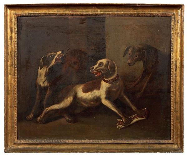 Scuola francese fine XVIII secolo - Cani che si contendono un osso