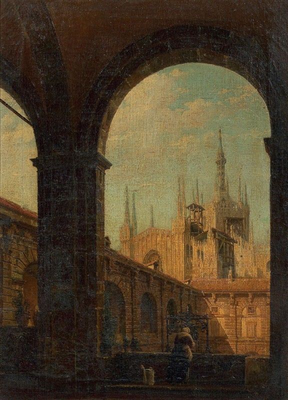 Scuola lombarda del XIX secolo - Veduta del Duomo di Milano da un chiostro