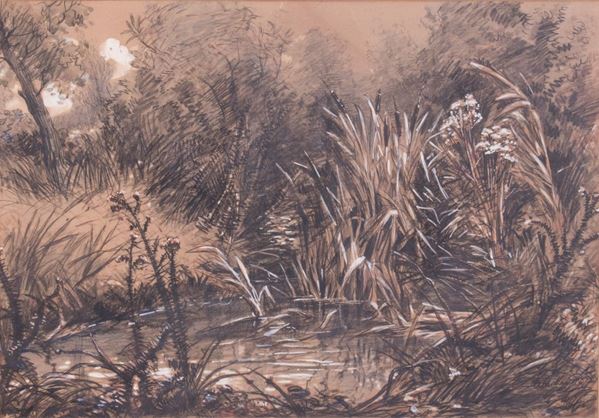 John Henry Bradley : Paesaggio lacustre  (1872)  - Disegno con rialzi a biacca - Asta Parade II - Dipinti e Disegni del XIX e XX secolo - Casa d'aste Farsettiarte