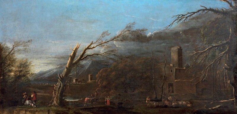 Scuola Romana Inizio XVIII Secolo - Paesaggio con Figure e Torre