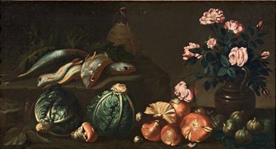 Natura Morta con Fiori, Ortaggi e Pesci