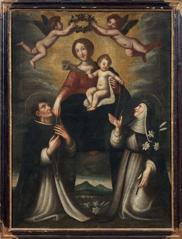 Scuola italiana inizio XVIII secolo - Madonna col Bambino e due Santi domenicani