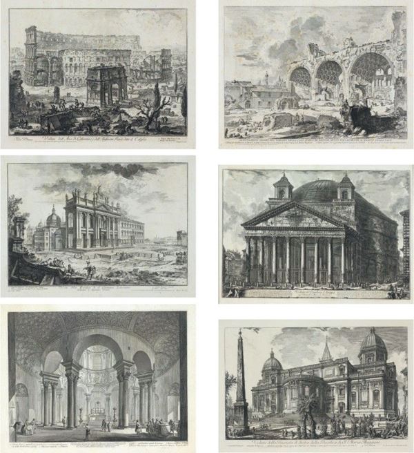 Giovan Battista Piranesi - Lotto di sei incisioni raffiguranti vedute di Roma