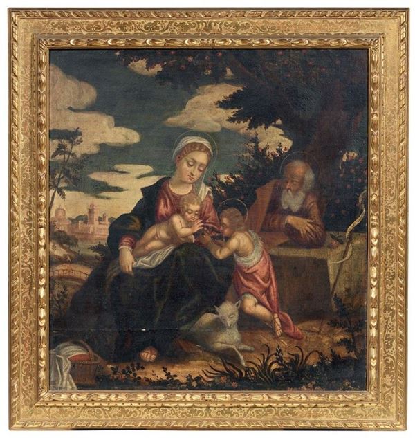 Scuola veneta fine XVI secolo - Madonna col Bambino, San Giovannino e San Giuseppe