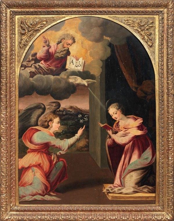 Scuola toscana del XVI secolo - Annunciazione con il Padre Eterno benedicente