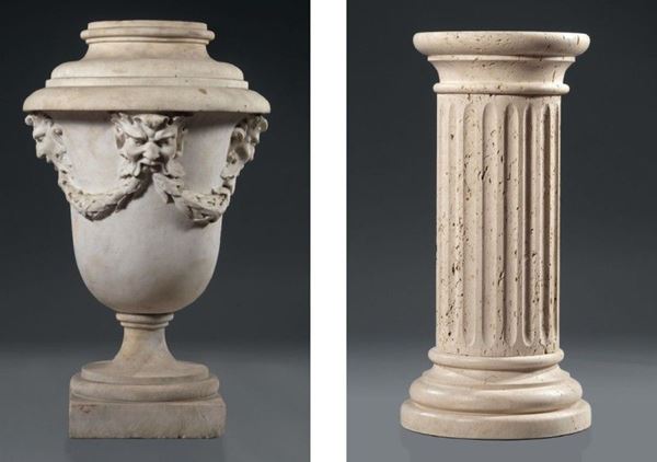 Lotto composto da un grande vaso con festoni e una colonna in marmo scanalato