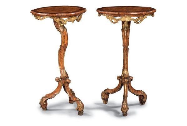 Coppia di tavolini lastronati in legno di noce e radica