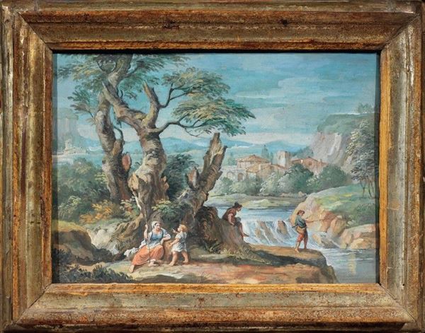 Scuola veneta del XVIII secolo - Paesaggio con figure
