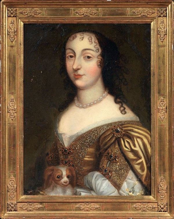 Scuola francese fine XVII secolo - Ritratto di gentildonna con cagnolino