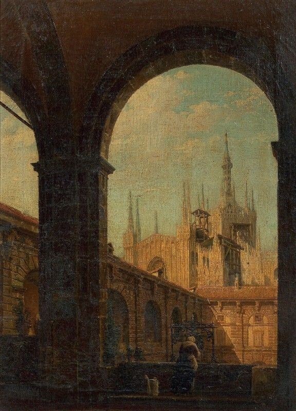 Scuola Lombarda del XIX Secolo - Veduta del Duomo di Milano da un Chiostro