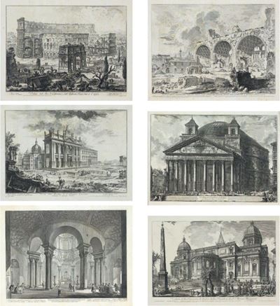 Lotto di Sei Incisioni Raffiguranti Vedute di Roma