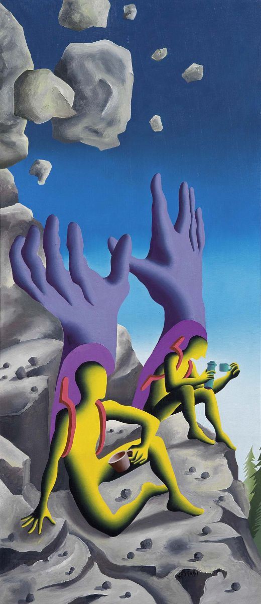 Mark Kostabi : Boulder Holder  (1990)  - Olio su tela - Asta Arte Contemporanea - I - Casa d'aste Farsettiarte