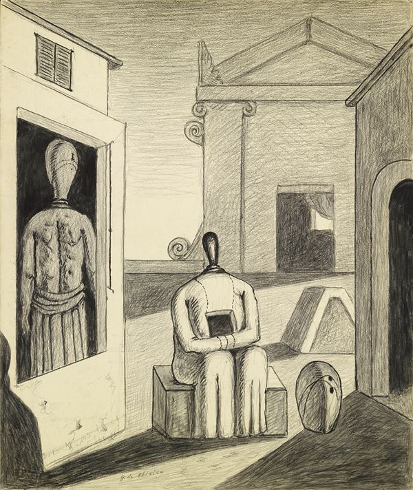Giorgio de Chirico : Il pomeriggio inquietante  (1972)  - Matita e tempera su cartone - Asta ARTE MODERNA - II - Casa d'aste Farsettiarte