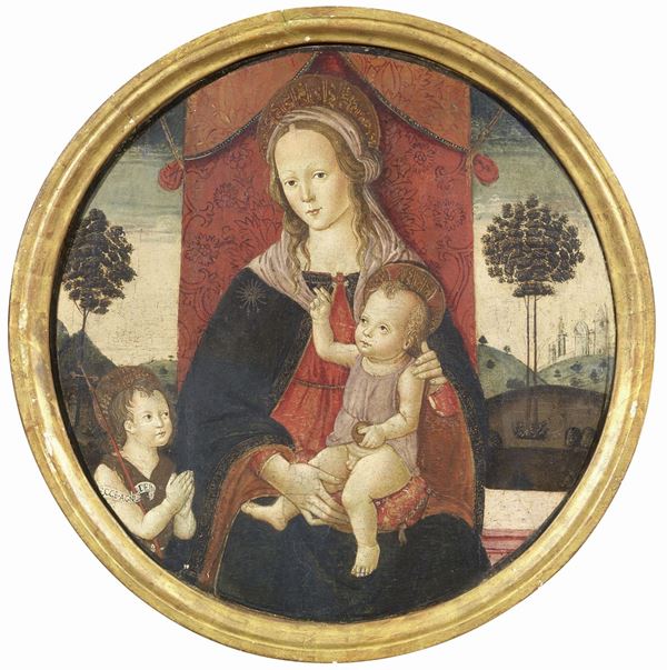 Scuola toscana inizi XVI secolo - Madonna col Bambino e San Giovannino