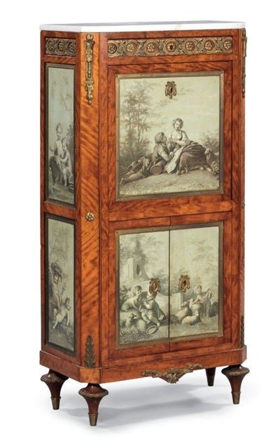 Secretaire in Legno di Mogano e Acajou con Pannelli Dipinti in Monocromo Grigio-verde