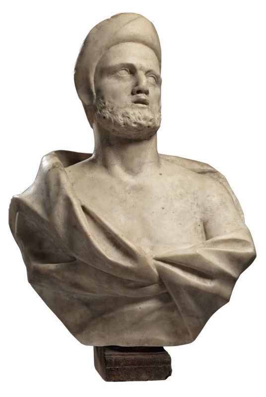 Scuola Romana del XVII Secolo - Busto Virile Barbato con Elmo