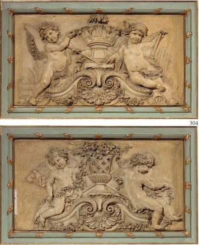 Due Bassorilievi in Stucco Raffiguranti «putti Reggifestone»