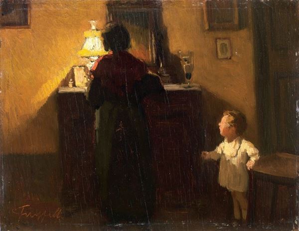 Cafiero Filippelli - Madre con bambino in interno di sera