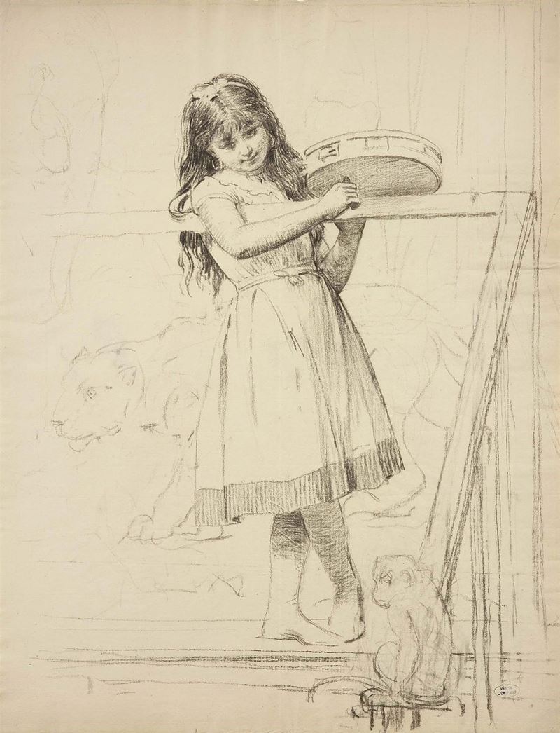 Louis Émile Adan - Bambina con Tamburello, Scimmia e Leonessa