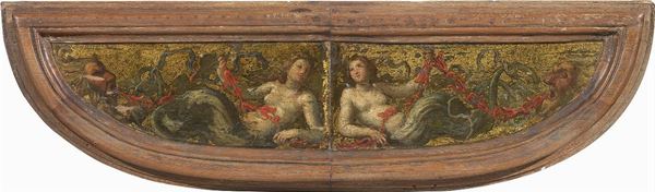 Sebastiano Filippi detto il Bastianino - Coppia di frontoni di spinetta raffiguranti «Ninfe con decorazione a mascheroni»