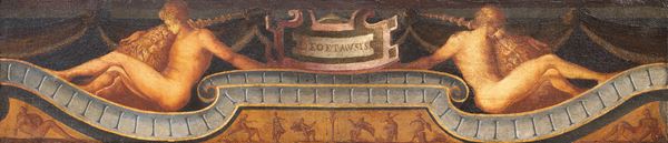 Scuola del Parmigianino del XVI secolo : Frontone di spinetta con due nudi manieristi, festoni e grottesche  - Olio su tavola - Asta Importanti Sculture e Dipinti Antichi - I - Casa d'aste Farsettiarte