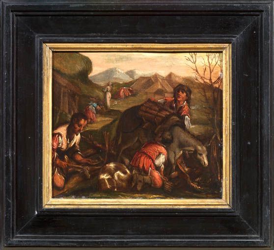 Seguace dei Bassano del XVII secolo - Paesaggio con pastori