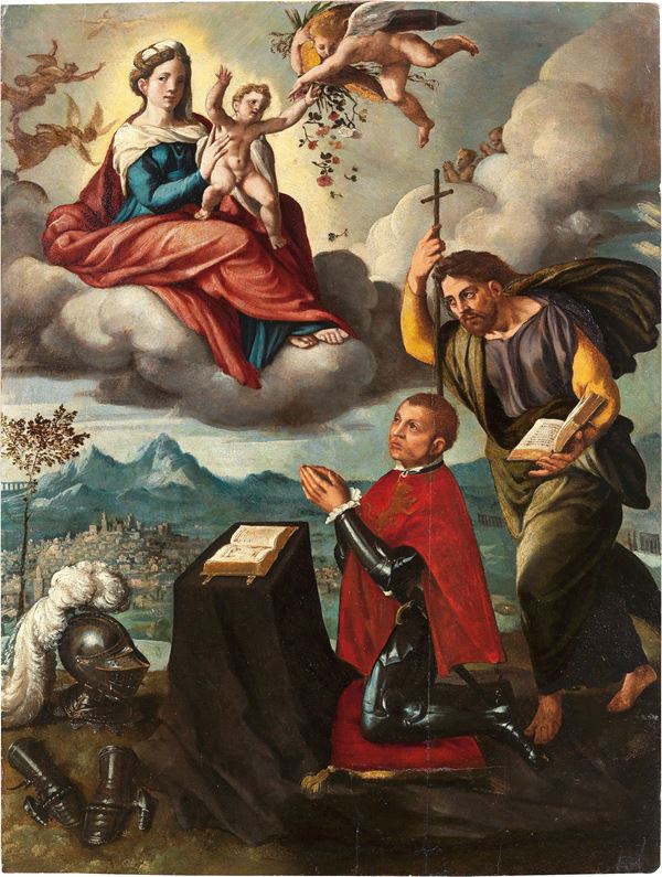 Scuola ferrarese del XVI secolo - Madonna col Bambino, San Giovanni Battista e donatore con armatura in preghiera