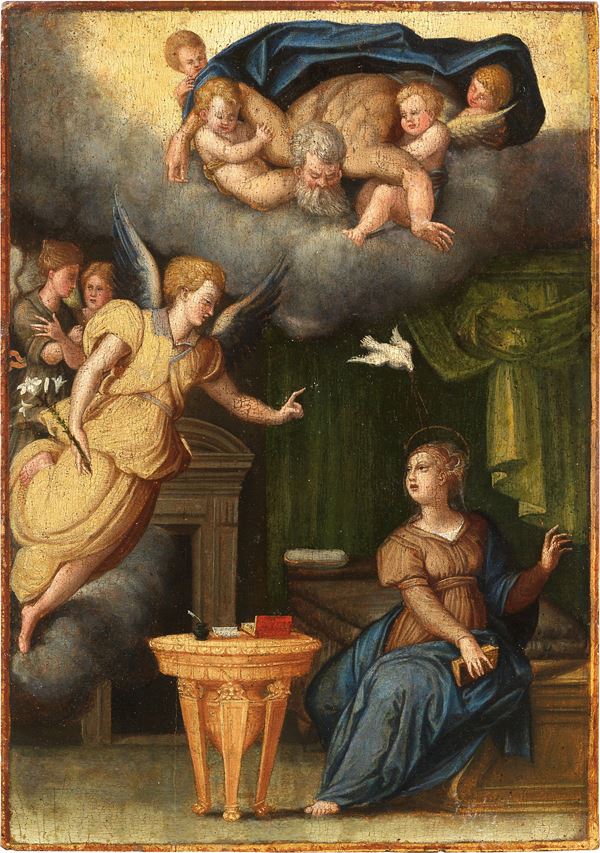 Giorgio Vasari (bottega di) : Annunciazione nello studio  - Olio su tavola - Asta IMPORTANTI DIPINTI ANTICHI - I - Casa d'aste Farsettiarte