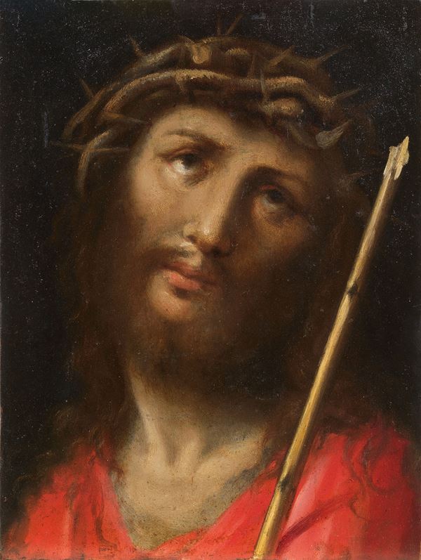 Giulio Cesare Procaccini (bottega di) : Testa di Cristo coronata di spine  - Olio su tavola - Asta Importanti Sculture e Dipinti Antichi - I - Casa d'aste Farsettiarte