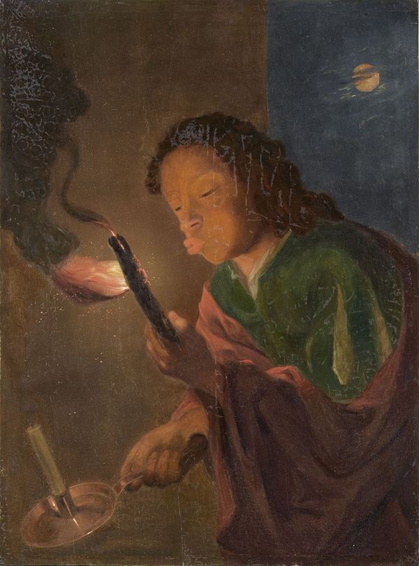 Seguace di Godfried Schlaken del XVIII secolo : Giovane a lume di candela  - Olio su tavola - Asta Importanti Sculture e Dipinti Antichi - I - Casa d'aste Farsettiarte