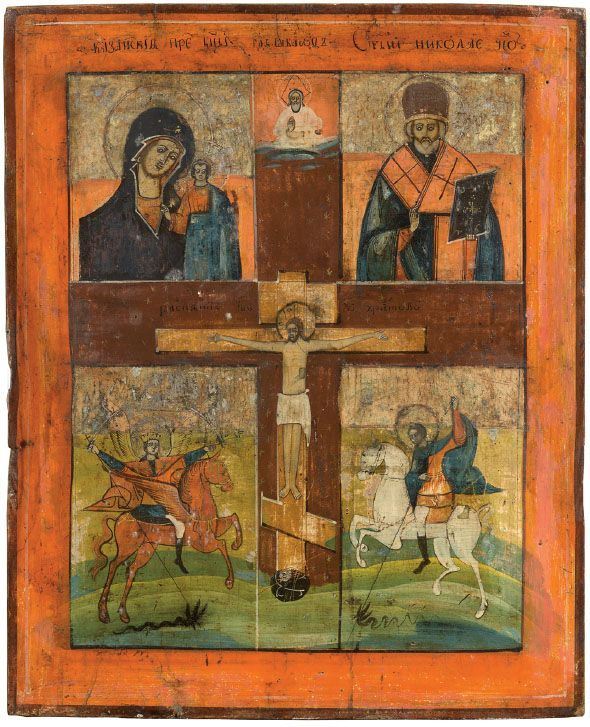 Icona fine XIX secolo - Cristo in croce, Madonna col Bambino, San Nicola, San Giorgio e San Michele Arcangelo