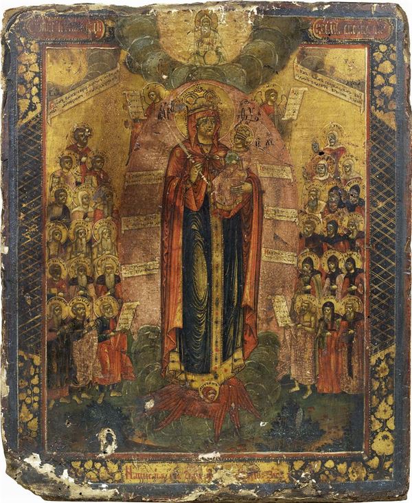 Icona greco-ortodossa del XVIII secolo - Vergine col Bambino e Santi