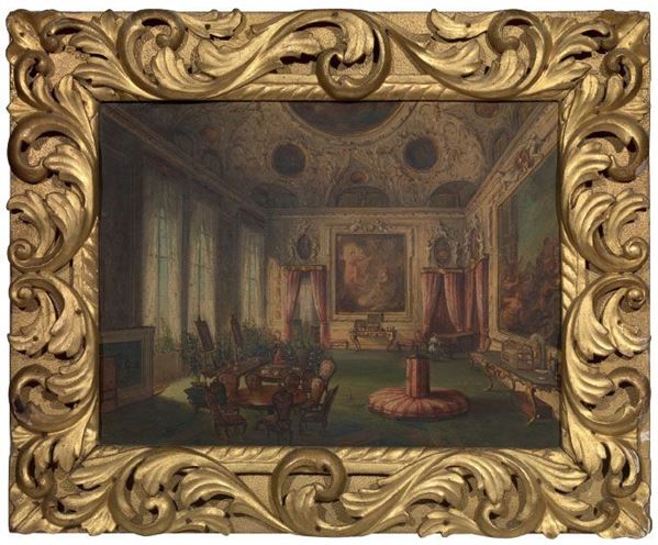 Scuola neoclassica del XIX secolo - Interno di palazzo sontuoso con donna al piano e gentiluomo