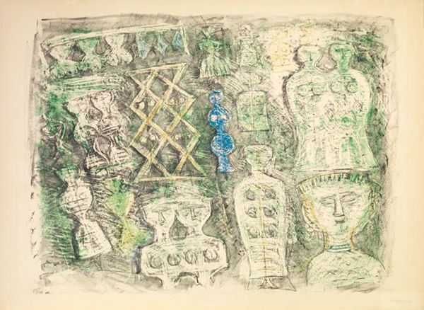 Massimo Campigli : Donne su fondo verde  (1960)  - Litografia a colori, es. 53/100 - Asta Dipinti, Disegni, Sculture e Grafica - Arte Contemporanea - I - Casa d'aste Farsettiarte