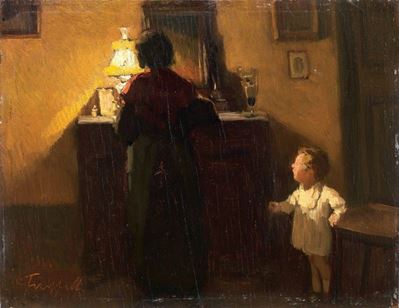 Madre con Bambino in Interno di Sera