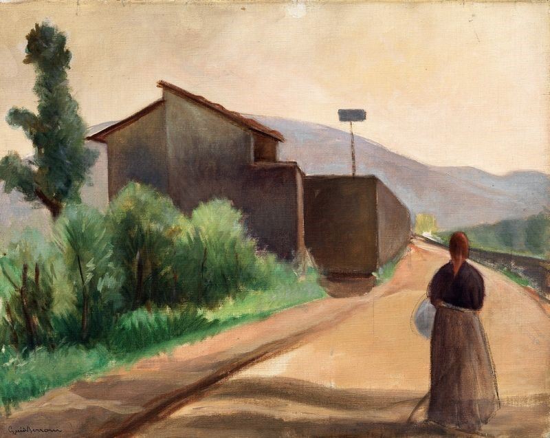Guido Ferroni - Strada di Campagna con Casolare e Contadina