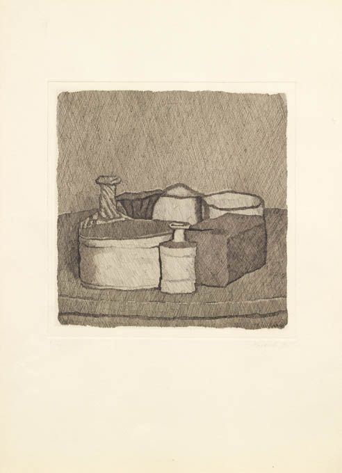 Giorgio Morandi - Natura morta con quattro oggetti e tre bottiglie