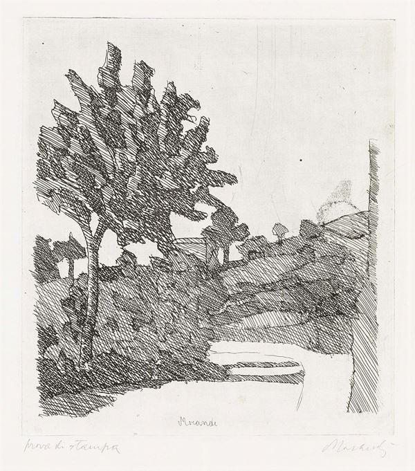 Giorgio Morandi : Paesaggio di Grizzana  (1932)  - Acquaforte su rame, es. prova di stampa - Asta ARTE MODERNA - II - Casa d'aste Farsettiarte