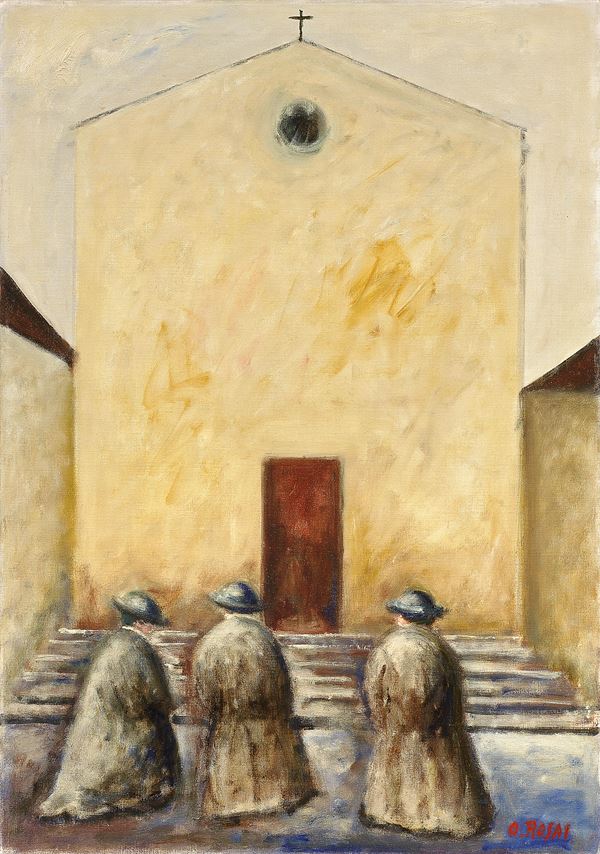 Ottone Rosai : Pretini alla chiesa  ((1950))  - Olio su tela - Auction MODERN ART - II - Casa d'aste Farsettiarte