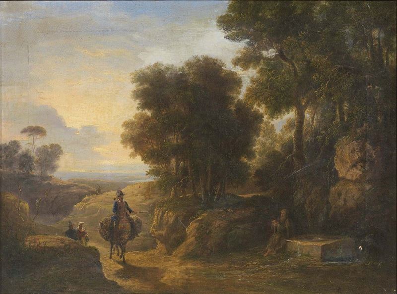 Ignoto Fine XVIII Secolo - Paesaggio con Viandanti ed Eremita