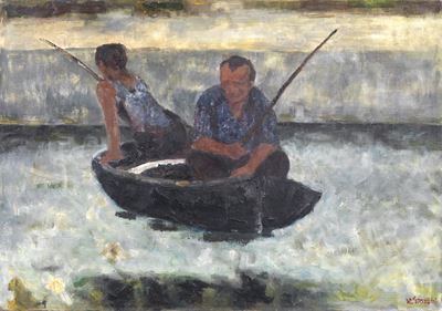 Pescatori sull'Arno, olio su tela