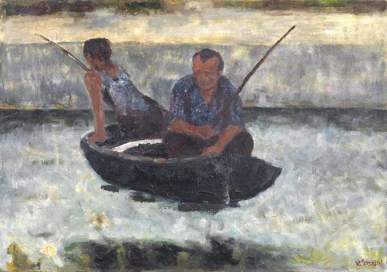 Renzo Grazzini - Pescatori sull'Arno, olio su tela