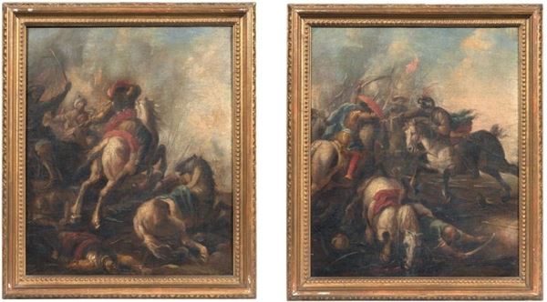 Scuola veneta del XVIII secolo - Due opere raffiguranti «Battaglia con cavalieri turchi»