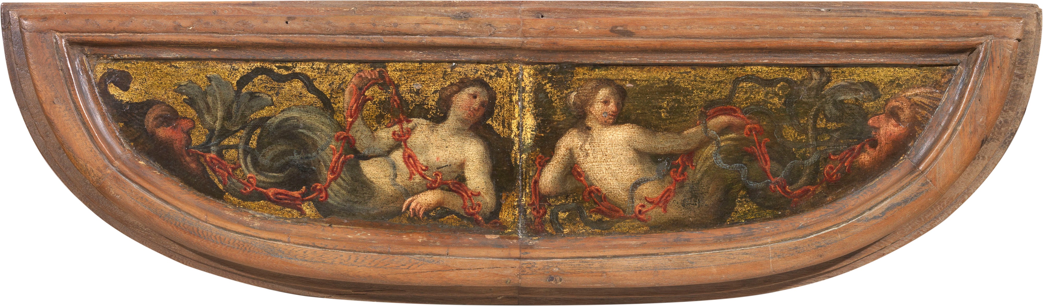 Coppia di frontoni di spinetta raffiguranti «Sirene con decorazione a mascheroni»